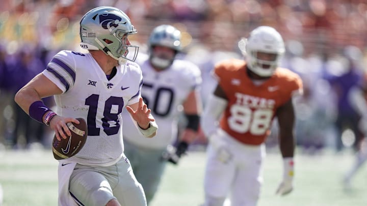 Kansas State Wildcats quarterback Will Howard (18) looks to pass the ball against Texas Longhorns in the 4th quarter of an NCAA college football game, Saturday, November. 4, 2023, in Austin, Texas.