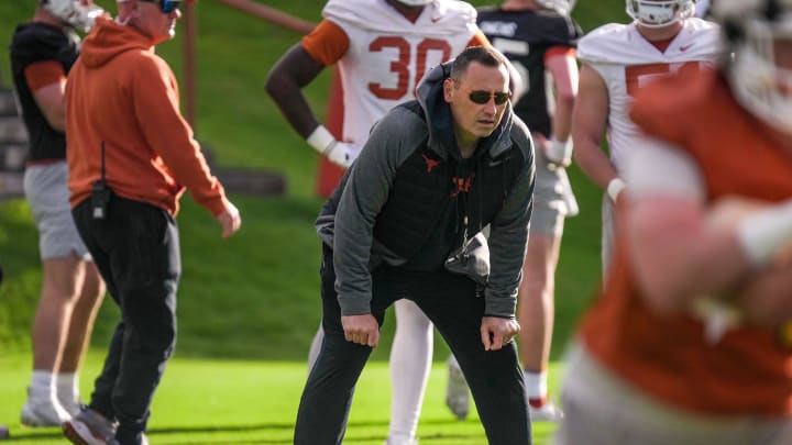 Texas Longhorns Head Coach Steve Sarkisian during spring practice at the Frank Denius practice fields in Austin, Tuesday , March 19, 2024. Texas Longhorns Head Coach Steve Sarkisian during spring practice at the Frank Denius practice fields in Austin, Tuesday , March 19, 2024.