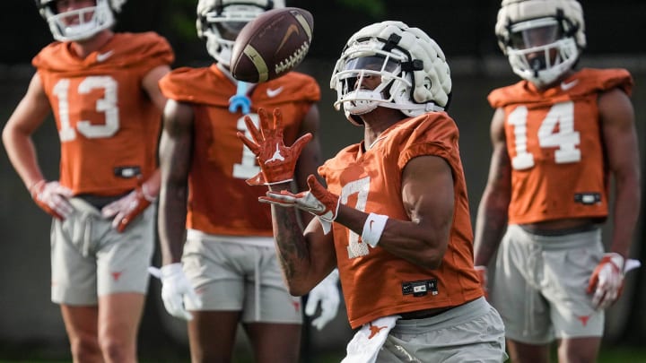 Texas Longhorns wide receiver Isaiah Bond during football spring practice at the Frank Denius practice fields in Austin, Tuesday, March 19, 2024. Texas Longhorns wide receiver Isaiah Bond during football spring practice at the Frank Denius practice fields in Austin, Tuesday, March 19, 2024.