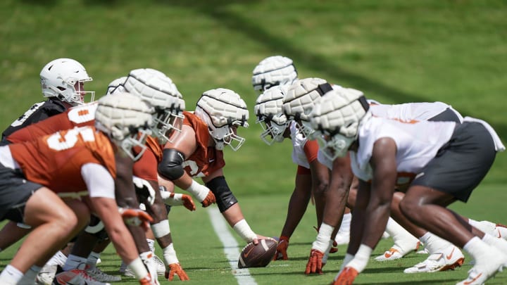 Texas Longhorns during the first fall football camp practice for the Texas Longhorns at Denius Fields on Wednesday, July 31, 2024. Texas Longhorns during the first fall football camp practice for the Texas Longhorns at Denius Fields on Wednesday, July 31, 2024.