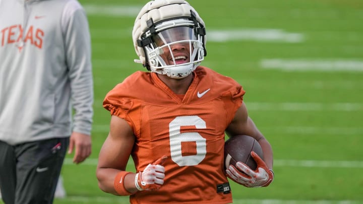 Texas Longhorns running back Christian Clark during football spring practice at the Frank Denius practice fields in Austin, Tuesday, March 19, 2024. Texas Longhorns running back Christian Clark during football spring practice at the Frank Denius practice fields in Austin, Tuesday, March 19, 2024.