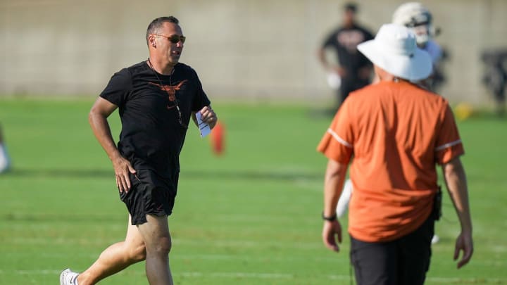 Texas Longhorns hey football coach, Steve Sarkisian during the first day with pads in fall football camp practice for the Texas Longhorns at Denius Fields on Monday, August 5, 2024. Texas Longhorns hey football coach, Steve Sarkisian during the first day with pads in fall football camp practice for the Texas Longhorns at Denius Fields on Monday, August 5, 2024.
