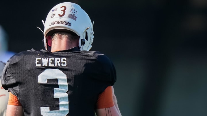 Texas Longhorns quarterback Quinn Ewers during the first day with pads of the fall football camp at Denius Fields on Monday, August 5, 2024. Texas Longhorns quarterback Quinn Ewers during the first day with pads of the fall football camp at Denius Fields on Monday, August 5, 2024.