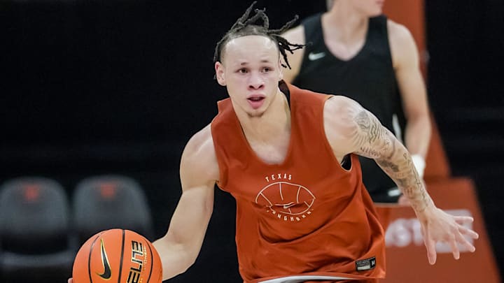 Chendall Weaver drives the ball up the court during a practice session that was held at the Moody Center for the local media. Sports writers got their first glimpse of the 2024-25 team at this event.