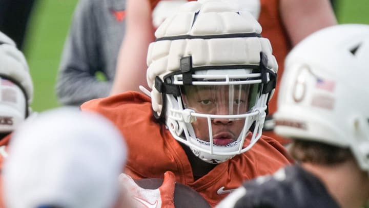 Texas Longhorns running back Christian Clark during football spring practice at the Frank Denius practice fields in Austin, Tuesday, March 19, 2024. Texas Longhorns running back Christian Clark during football spring practice at the Frank Denius practice fields in Austin, Tuesday, March 19, 2024.