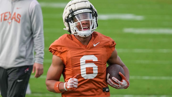 Texas Longhorns running back Christian Clark during football spring practice at the Frank Denius practice fields in Austin, Tuesday, March 19, 2024.