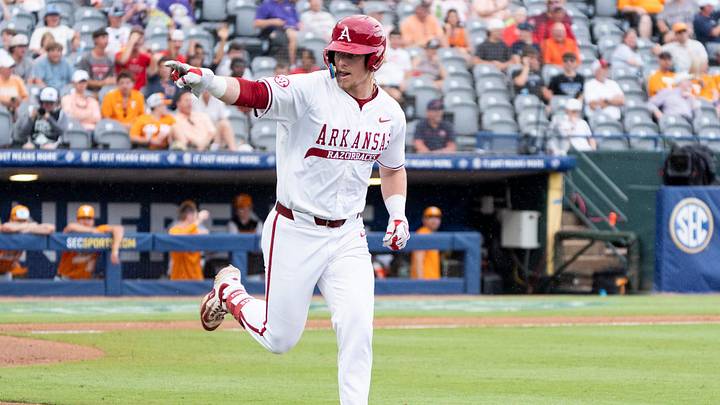 Arkansas Razorbacks' Zack Stewart (17) celebrates his home run against the Tennessee Volunteers during the SEC Tournament. Arkansas Razorbacks' Zack Stewart (17) celebrates his home run against the Tennessee Volunteers during the SEC Tournament.