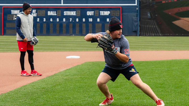 David Hamilton, left, and Chase Meidroth field ground balls on the first day of WooSox practice at Polar Park Tuesday.