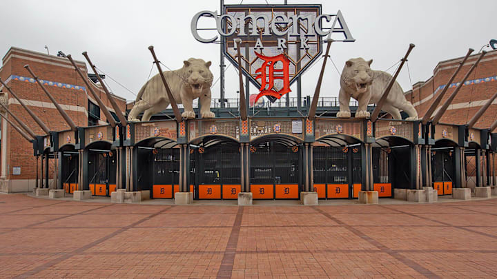 Streets and parking lots surrounding Comerica Park in downtown Detroit were nearly empty on Friday, March 27, 2020, during a state order for residents to stay at home amid the coronavirus pandemic. Opening Day Comp 1 tiger statue, Comerica Park logo