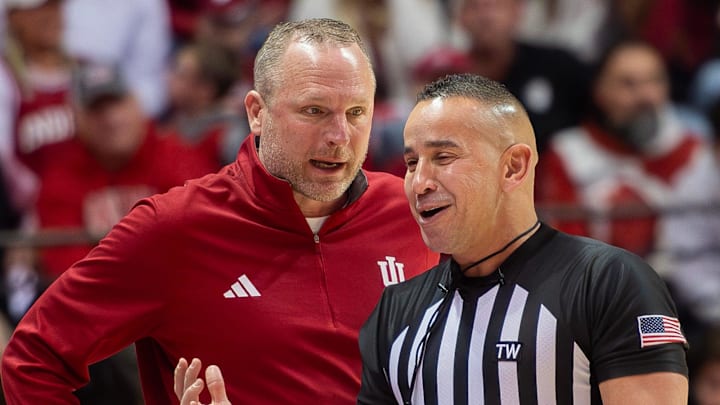 Indiana Head Cozch Darian DeVries talks with an official during the Indiana versus Wisconsin men's basketball game at Simon Skjodt Assembly Hall on Saturday, Feb. 7, 2026. Indiana Head Cozch Darian DeVries talks with an official during the Indiana versus Wisconsin men's basketball game at Simon Skjodt Assembly Hall on Saturday, Feb. 7, 2026.