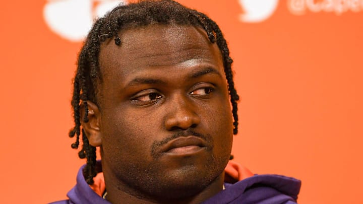 Clemson defensive lineman DeMonte Capehart speaks in the Smart Family Media Center before the first open practice at the Poe Indoor Facility in Clemson, S.C. Monday, October 30, 2023. Clemson defensive lineman DeMonte Capehart speaks in the Smart Family Media Center before the first open practice at the Poe Indoor Facility in Clemson, S.C. Monday, October 30, 2023.