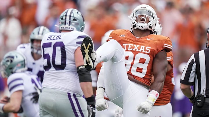Texas Longhorns defensive end Barryn Sorrell celebrates a sack against Kansas State Wildcats quarterback Will Howard in 2023. Texas Longhorns defensive end Barryn Sorrell celebrates a sack against Kansas State Wildcats quarterback Will Howard in 2023.