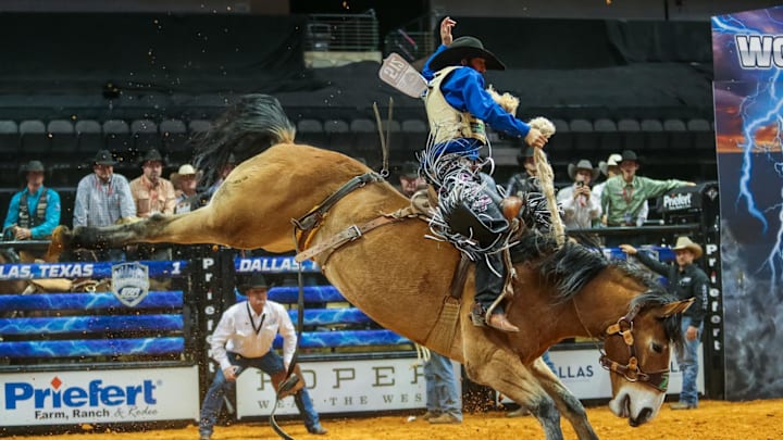 Cole Kirkland rides Lunatic From Hell  at the ERA World Rodeo Championship  at American Airlines Center in 2016