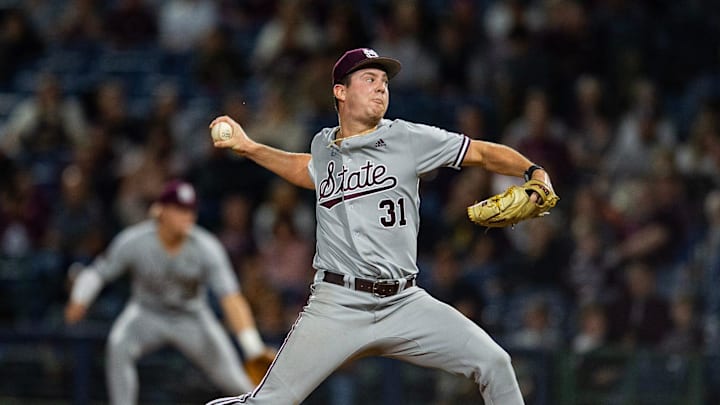 Mississippi State's Karson Ligon (31) throws against Southern Miss during the game at Trustmark Park