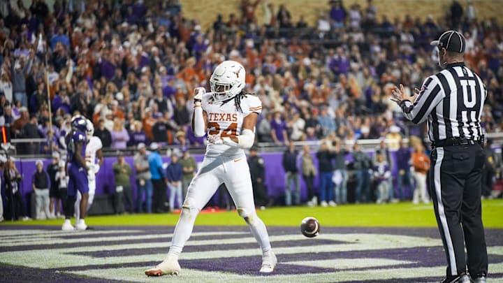 Texas Longhorns running back Jonathon Brooks (24) celebrates after he runs into the end zone for a Texas Longhorns running back Jonathon Brooks (24) celebrates after he runs into the end zone for a