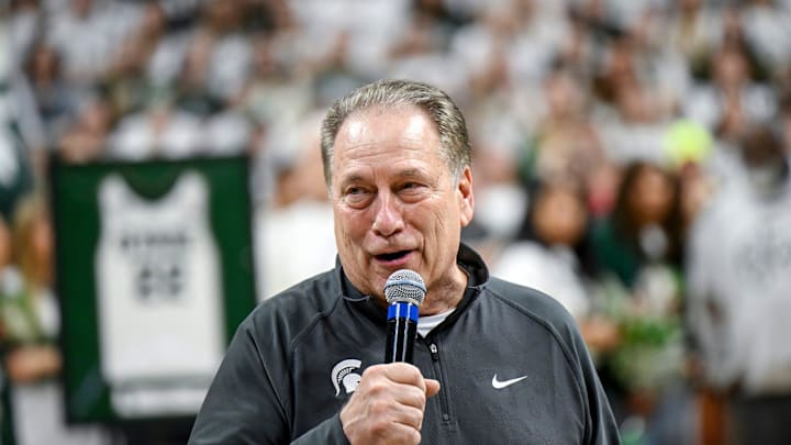 Michigan State's head coach Tom Izzo, gets emotional while addressing the fans during the senior Michigan State's head coach Tom Izzo, gets emotional while addressing the fans during the senior