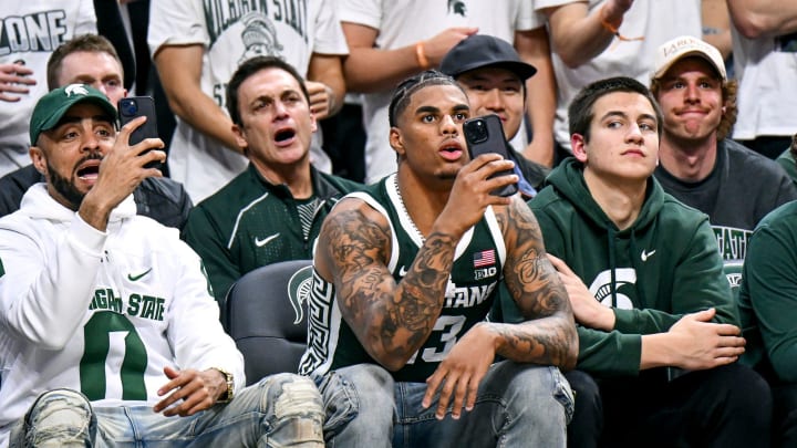 Former Michigan State football receiver Keon Coleman takes in the MSU game against Northwestern Former Michigan State football receiver Keon Coleman takes in the MSU game against Northwestern