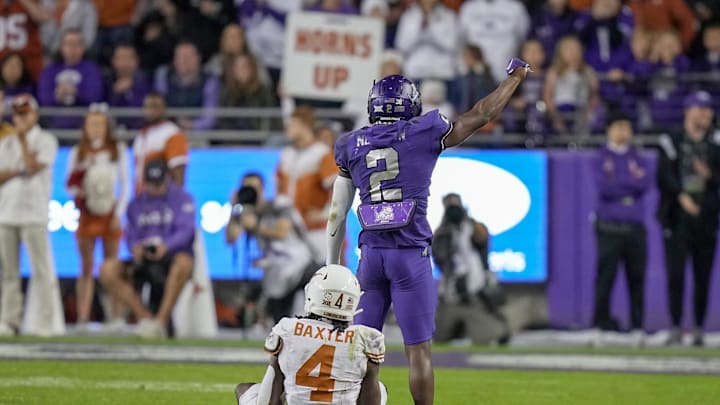 TCU Horned Frogs cornerback Josh Newton (2) celebrates a thread down stop against Texas Longhorns