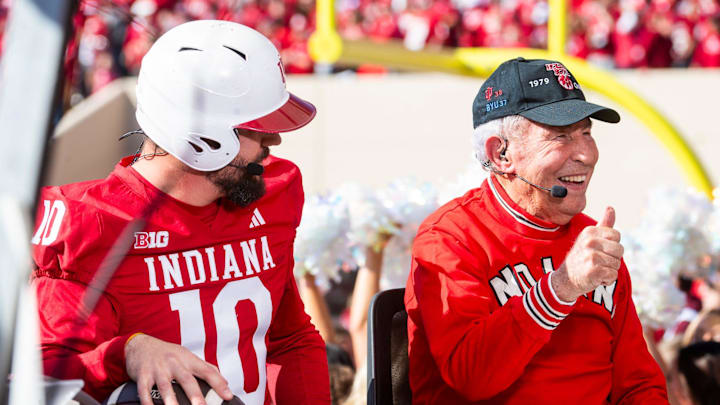Kyle Schwarber and Lee Corso pick Indiana to win on College Gameday before the start of the Indiana versus Washington football game at Memorial Stadium on Oct. 26, 2024.