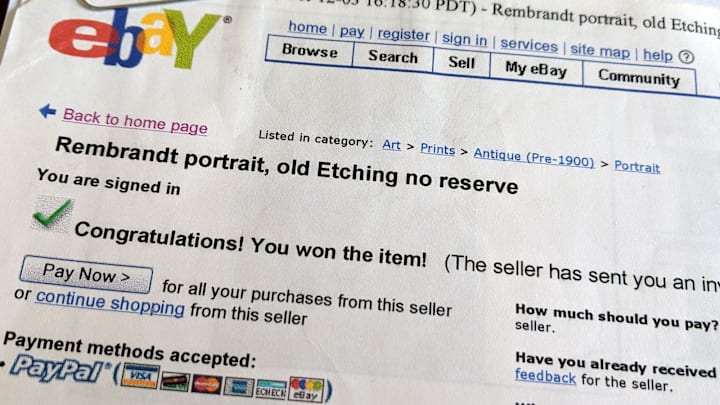 The etching, \"Self Portrait in a Flat Cap and Embroidered Dress,\" by Rembrandt circa 1642 as it appeared in the 2003 eBay listing.