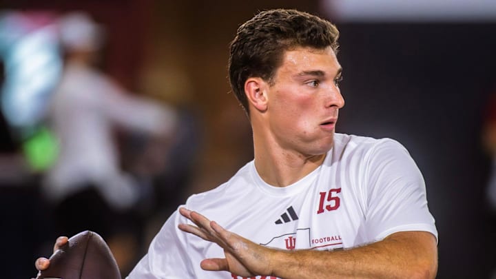 Fernando Mendoza participates in Indiana University's Pro Day at Mellencamp Pavilion on Wednesday, April 1, 2026.