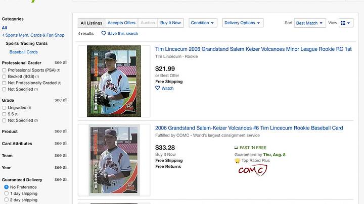 A screen capture of listings for a 2006 rookie card for Tim Lincecum on EBAY.

Timlincecum