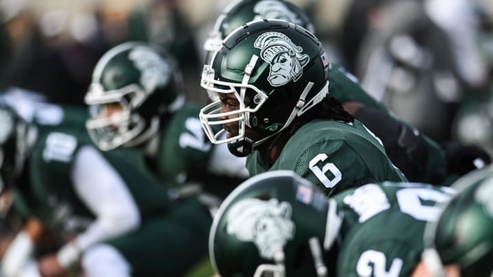 Michigan State's Maliq Carr and the Spartans sport the gruff Sparty helmet for the game against Indiana on Saturday, Nov. 19, 2022, at Spartan Stadium in East Lansing.

221119 Msu Indiana 020a