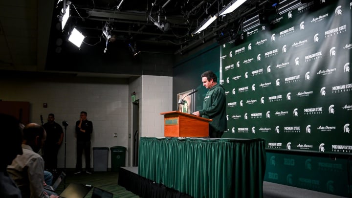 Michigan State coach Jonathan Smith holds a press conference on the first national signing day for college football recruits Wednesday, Dec. 20, 2023, at Spartan Stadium in East Lansing. Michigan State coach Jonathan Smith holds a press conference on the first national signing day for college football recruits Wednesday, Dec. 20, 2023, at Spartan Stadium in East Lansing.