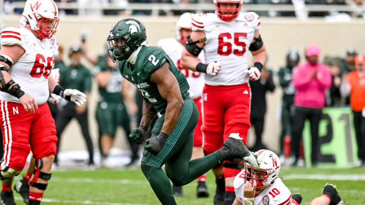 Michigan State's Khris Bogle celebrates after sacking Nebraska's Heinrich Haarberg during the second quarter on Saturday, Nov. 4, 2023, at Spartan Stadium in East Lansing. Michigan State's Khris Bogle celebrates after sacking Nebraska's Heinrich Haarberg during the second quarter on Saturday, Nov. 4, 2023, at Spartan Stadium in East Lansing.