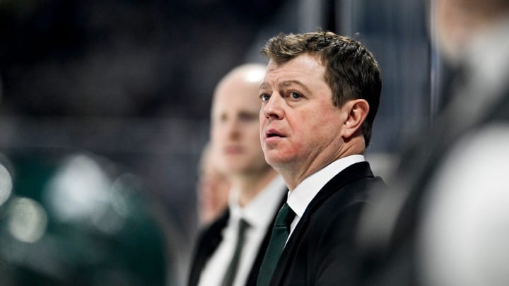 Michigan State's head coach Adam Nightingale looks on during the third period in the game against Ohio State on Saturday, Feb. 24, 2024, at Munn Arena in East Lansing. Michigan State's head coach Adam Nightingale looks on during the third period in the game against Ohio State on Saturday, Feb. 24, 2024, at Munn Arena in East Lansing.