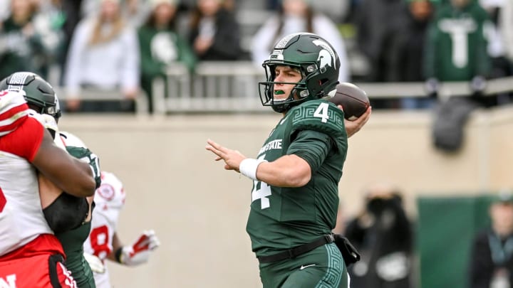 Michigan State's Sam Leavitt throws a pass against Nebraska during the first quarter on Saturday, Nov. 4, 2023, at Spartan Stadium in East Lansing. Michigan State's Sam Leavitt throws a pass against Nebraska during the first quarter on Saturday, Nov. 4, 2023, at Spartan Stadium in East Lansing.