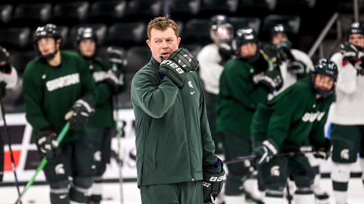 Michigan State's head coach Adam Nightingale looks on in practice during hockey media day on Wednesday, Sept. 27, 2023, at Munn Arena in East Lansing.