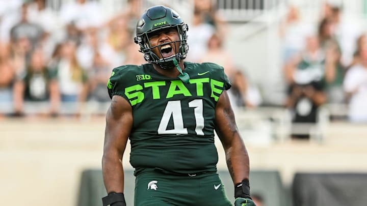 Michigan State's Derrick Harmon celebrates after a tackle for a loss against Akron during the third quarter on Saturday, Sept. 10, 2022, at Spartan Stadium in East Lansing.

220910 Msu Akron Fb 224a