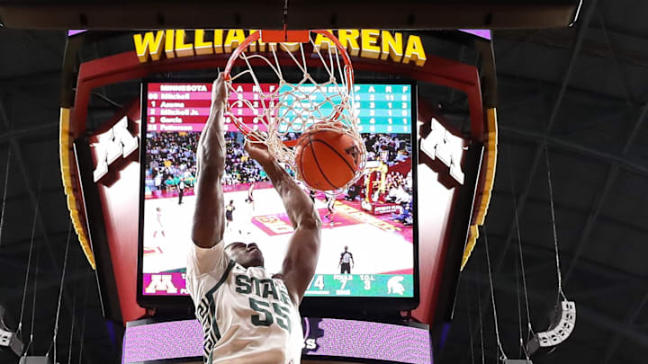 Dec 4, 2024; Minneapolis, Minnesota, USA; Michigan State Spartans forward Coen Carr (55) dunks against the Minnesota Golden Gophers during the second half at Williams Arena. Mandatory Credit: Matt Krohn-Imagn Images Dec 4, 2024; Minneapolis, Minnesota, USA; Michigan State Spartans forward Coen Carr (55) dunks against the Minnesota Golden Gophers during the second half at Williams Arena. Mandatory Credit: Matt Krohn-Imagn Images