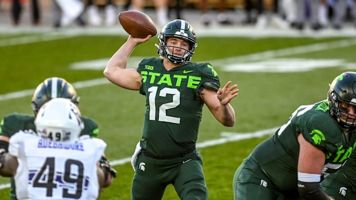Michigan State's Rocky Lombardi throws a pass against Northwestern during the first quarter on Saturday, Nov. 28, 2020, at Spartan Stadium in East Lansing.
201128 Msu Northwestern 084a Michigan State's Rocky Lombardi throws a pass against Northwestern during the first quarter on Saturday, Nov. 28, 2020, at Spartan Stadium in East Lansing.
201128 Msu Northwestern 084a