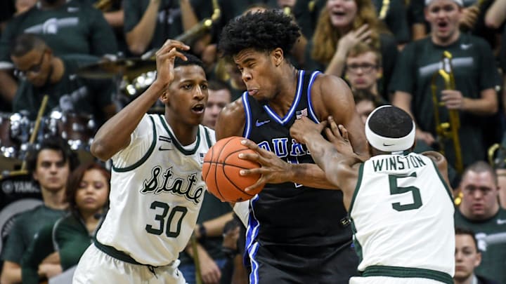 Michigan State's Marcus Bingham Jr., left, and State's Cassius Winston, right, pressure Duke s Vernon Carey Jr. during the second half on Tuesday, Dec. 3, 2019, at the Breslin Center in East Lansing. The Spartans lost to the Blue Devils 87-85.
191203 Msu Duke 159a Michigan State's Marcus Bingham Jr., left, and State's Cassius Winston, right, pressure Duke s Vernon Carey Jr. during the second half on Tuesday, Dec. 3, 2019, at the Breslin Center in East Lansing. The Spartans lost to the Blue Devils 87-85.
191203 Msu Duke 159a