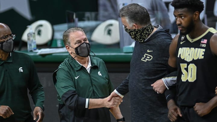 Michigan State's head coach Tom Izzo, left, shakes hands with Purdue head coach Matt Painter before the game on Friday, Jan. 8, 2021, at the Breslin Center in East Lansing.

210108 Msu Purdue 028a