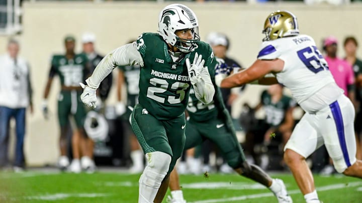Michigan State's Darius Snow pursues the ball against Washington during the fourth quarter on Saturday, Sept. 16, 2023, at Spartan Stadium in East Lansing. Michigan State's Darius Snow pursues the ball against Washington during the fourth quarter on Saturday, Sept. 16, 2023, at Spartan Stadium in East Lansing.
