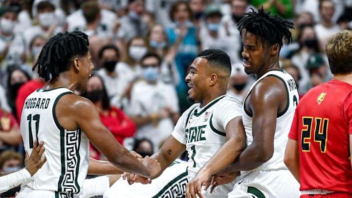 Michigan State's Pierre Brooks, center celebrates his 3-pointer with Julius Marble II, right, and A.J. Hoggard during the second half in the game against Ferris State on Wednesday, Oct. 27, 2021, at the Breslin Center in East Lansing.
211027 Msu Ferris 192a Michigan State's Pierre Brooks, center celebrates his 3-pointer with Julius Marble II, right, and A.J. Hoggard during the second half in the game against Ferris State on Wednesday, Oct. 27, 2021, at the Breslin Center in East Lansing.
211027 Msu Ferris 192a