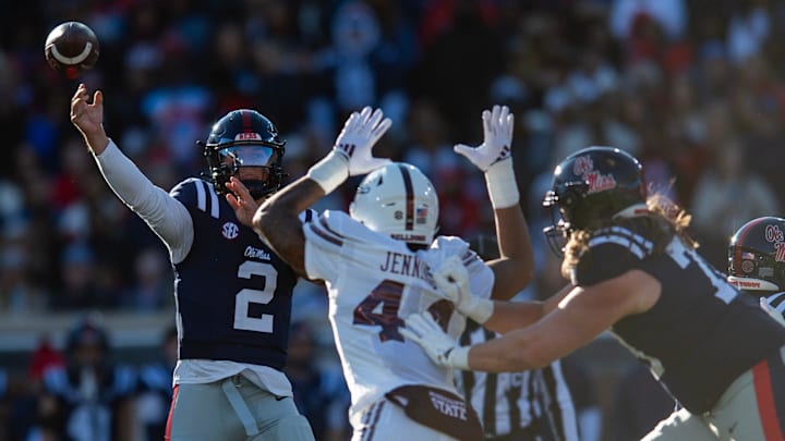 Mississippi's quarterback Jaxson Dart (2) throws the ball during the Egg Bowl game against Mississippi State at Vaught-Hemingway Stadium on Friday, Nov. 29, 2024. Mississippi's quarterback Jaxson Dart (2) throws the ball during the Egg Bowl game against Mississippi State at Vaught-Hemingway Stadium on Friday, Nov. 29, 2024.