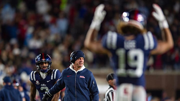 Mississippi's head coach Lane Kiffin yells during the Egg Bowl game against Mississippi State at Vaught-Hemingway Stadium on Friday, Nov. 29, 2024.