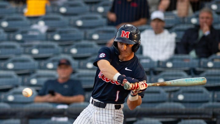 Ole Mississippi Rebels' Brayden Randle (1) swings against the Southern Miss Golden Eagles at Trustmark Park in Pearl, Miss., on Tuesday, March 18, 2025.
