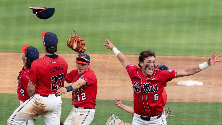 Ole Miss Rebels players celebrate victory as Auburn Tigers take on Ole Miss Rebels during the NCAA Super Regional game two at Plainsman Park in Auburn, Ala. on Saturday, June 6, 2026. Ole Miss Rebels defeated Auburn Tigers 5-3 clinching the series.