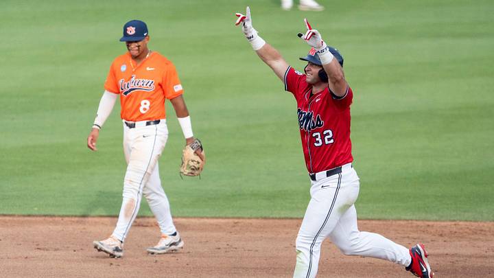 Ole Miss Rebels' Tristan Bissetta celebrates his home run as Auburn Tigers take on Ole Miss Rebels during the NCAA Super Regional Ole Miss Rebels' Tristan Bissetta celebrates his home run as Auburn Tigers take on Ole Miss Rebels during the NCAA Super Regional