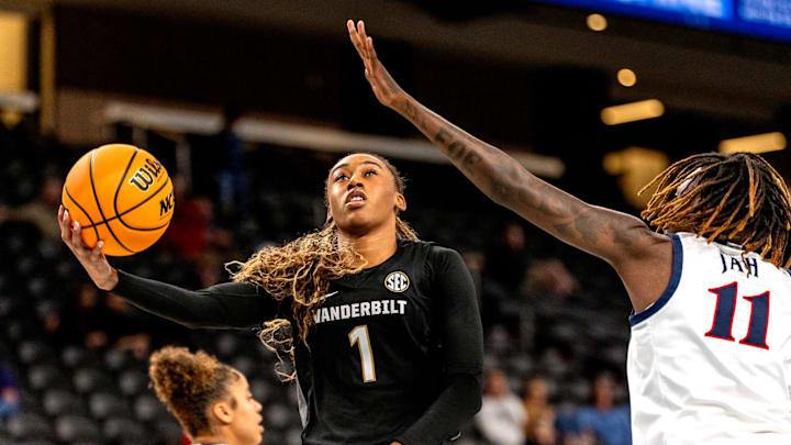 Vanderbilt guard Mikayla Blakes (1) shoots against Arizona at Acrisure Arena in Palm Desert, Calif., on Tuesday, November 26, 2024. Vanderbilt guard Mikayla Blakes (1) shoots against Arizona at Acrisure Arena in Palm Desert, Calif., on Tuesday, November 26, 2024.