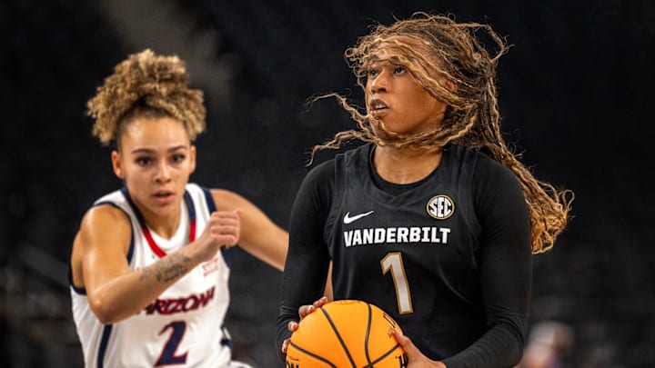Vanderbilt guard Mikayla Blakes (1) looks to shoot as Arizona guard Jada Williams (2) defends at Acrisure Arena in Palm Desert, Calif., on Tuesday, November 26, 2024.
