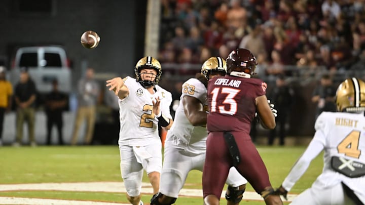Sep 6, 2025; Blacksburg, Virginia, USA; Vanderbilt Commodores quarterback Diego Pavia (2) throws a pass during the second quarter at Lane Stadium. Mandatory Credit: Brian Bishop-Imagn Images Sep 6, 2025; Blacksburg, Virginia, USA; Vanderbilt Commodores quarterback Diego Pavia (2) throws a pass during the second quarter at Lane Stadium. Mandatory Credit: Brian Bishop-Imagn Images
