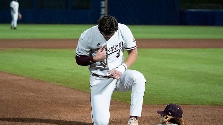 Texas A&M Aggies' Gavin Grahovac prays before the Auburn Tigers take on the Aggies during the SEC baseball tournament at Hoover Metropolitan Stadium in Hoover, Ala., on Friday, May 22, 2026. Texas A&M Aggies' Gavin Grahovac prays before the Auburn Tigers take on the Aggies during the SEC baseball tournament at Hoover Metropolitan Stadium in Hoover, Ala., on Friday, May 22, 2026.