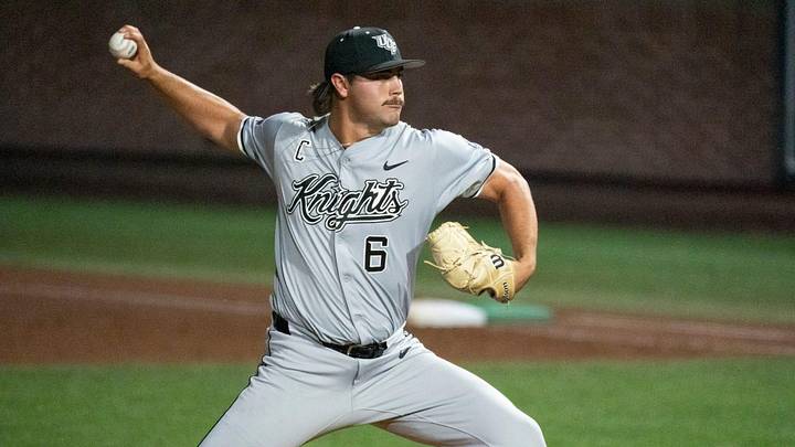 UCF Knights' Kevin Schoneboom (6) pitches as Milwaukee Panthers take on UCF Knights during the NCAA Regional Baseball tournament at Plainsman Park in Auburn, Ala. on Saturday, May 30, 2026. UCF Knights' Kevin Schoneboom (6) pitches as Milwaukee Panthers take on UCF Knights during the NCAA Regional Baseball tournament at Plainsman Park in Auburn, Ala. on Saturday, May 30, 2026.