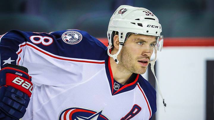 Dec 16, 2016; Calgary, Alberta, CAN; Columbus Blue Jackets center Boone Jenner (38) skates during the warmup period against the Calgary Flames at Scotiabank Saddledome. Mandatory Credit: Sergei Belski-USA TODAY Sports
